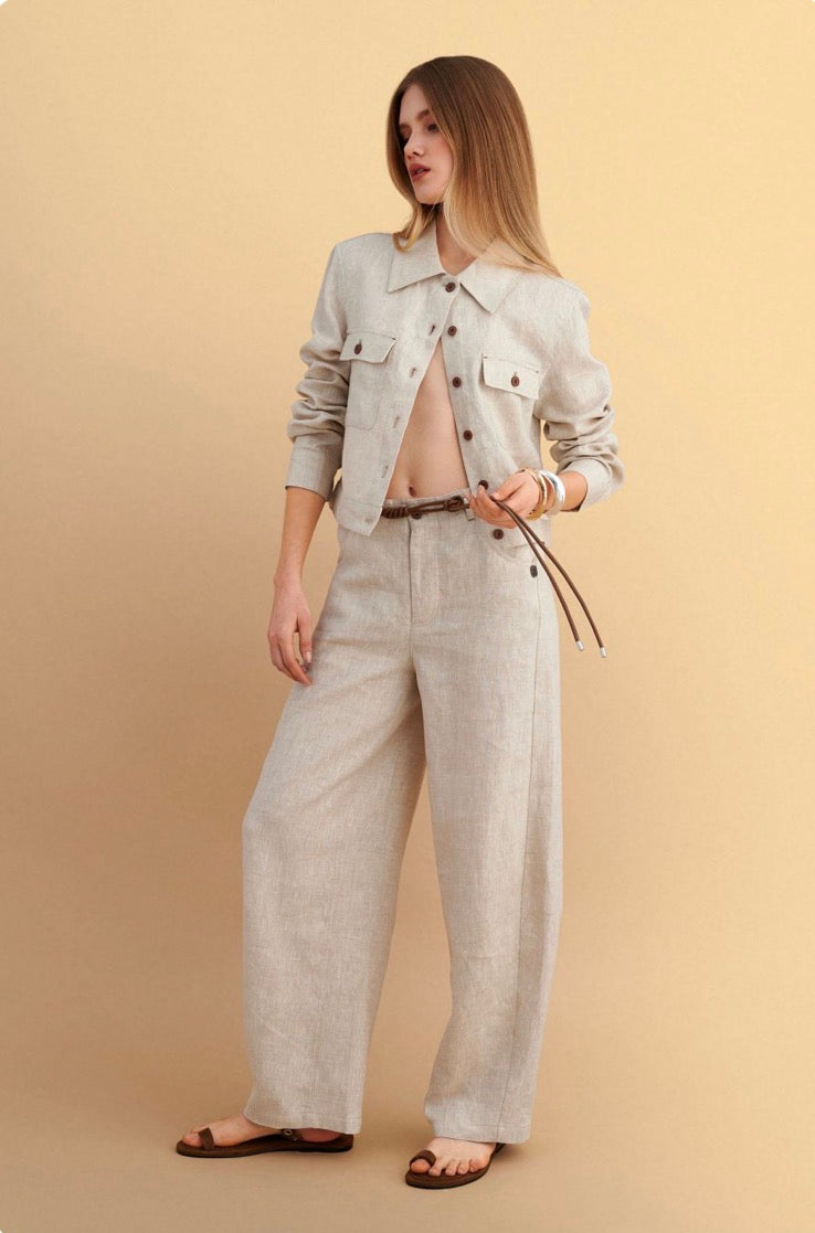 attrattivo - Set lino xhakete dhe pantallona ne ngjyren bezhe.
