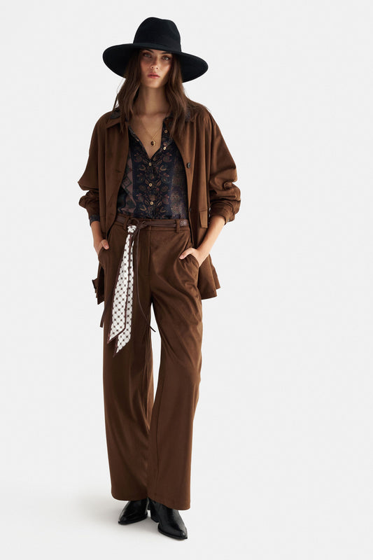 attrattivo - Pantallona kadife prerje e drejte ne ngjyren kafe me rrip