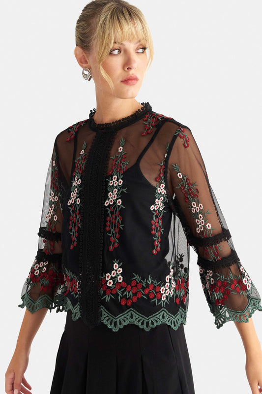 attrattivo - Bluze e zeze transparente me bluze te brendshme dhe lule te qendisura