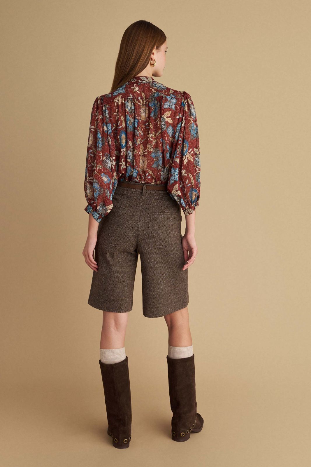 attrattivo - Pantallona kafe te shkurta me bel te larte dhe rrip