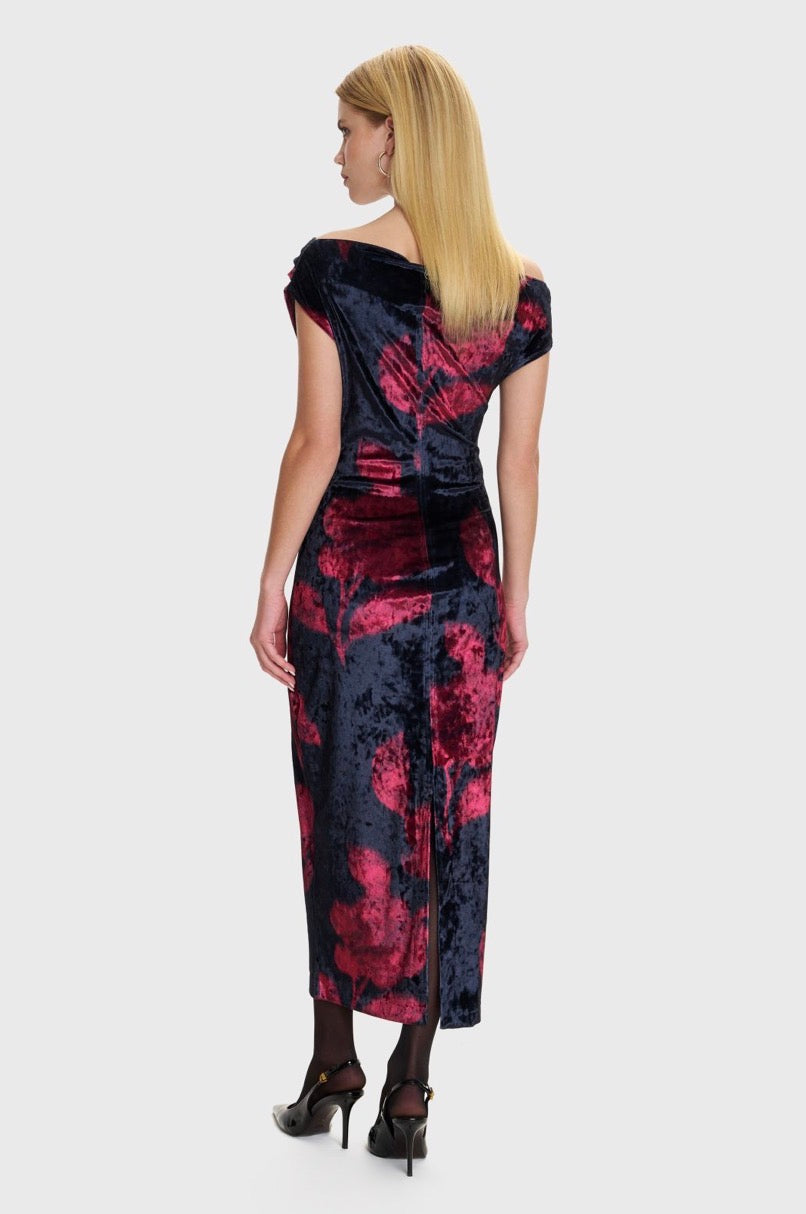 ALE - Fustan i zi veludhe i gjate me printe florale