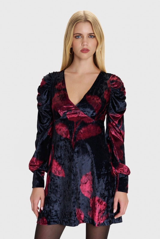 ALE - Fustan i zi velvet i shkurter me printe florale