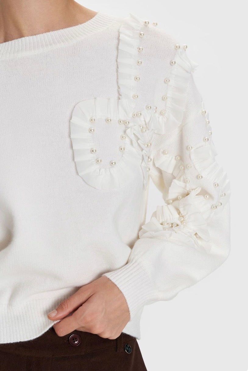 ALE - Pulover e bardhe e thurur me perla dekorative.