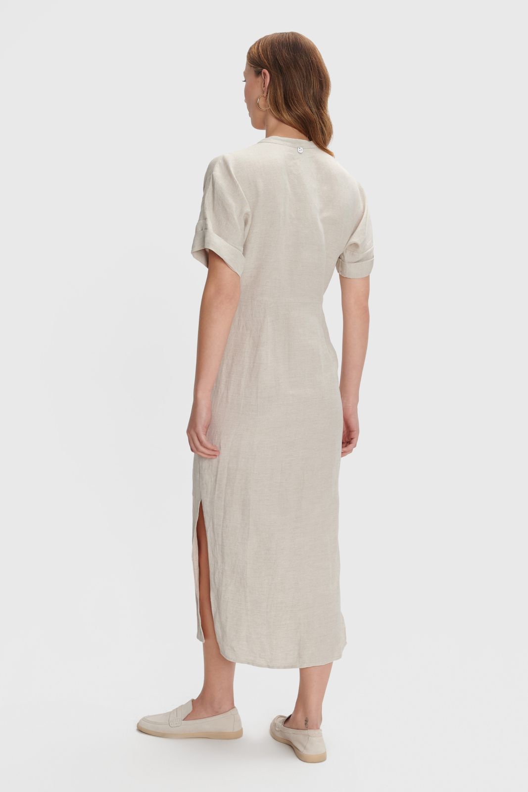 ALE - Fustan lino bezhe dhe blu  me prerje asimetrike