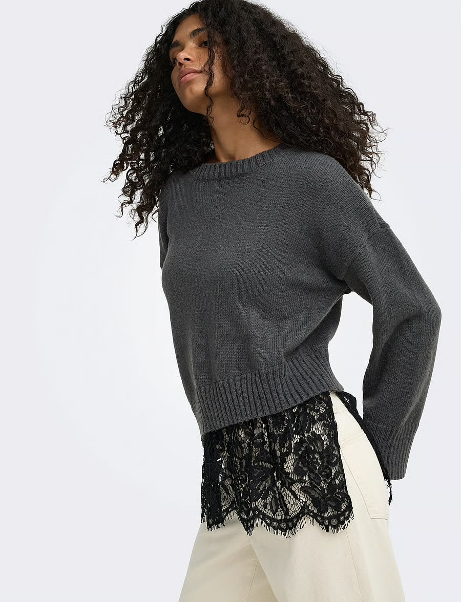 ONLY - Pulover gri me detaje dantelle