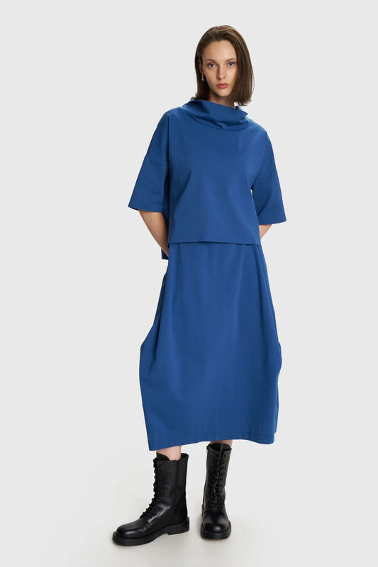 ALE - Set bluze dhe fund ngjyre blu me prerje asimetrike