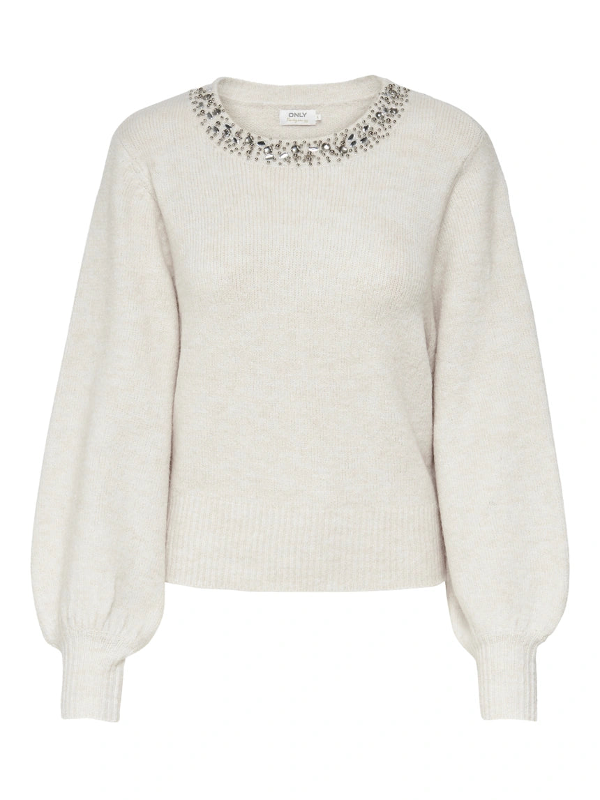 ONLY - Pulover gri dhe e bardhe me detaje gurash ne qafe