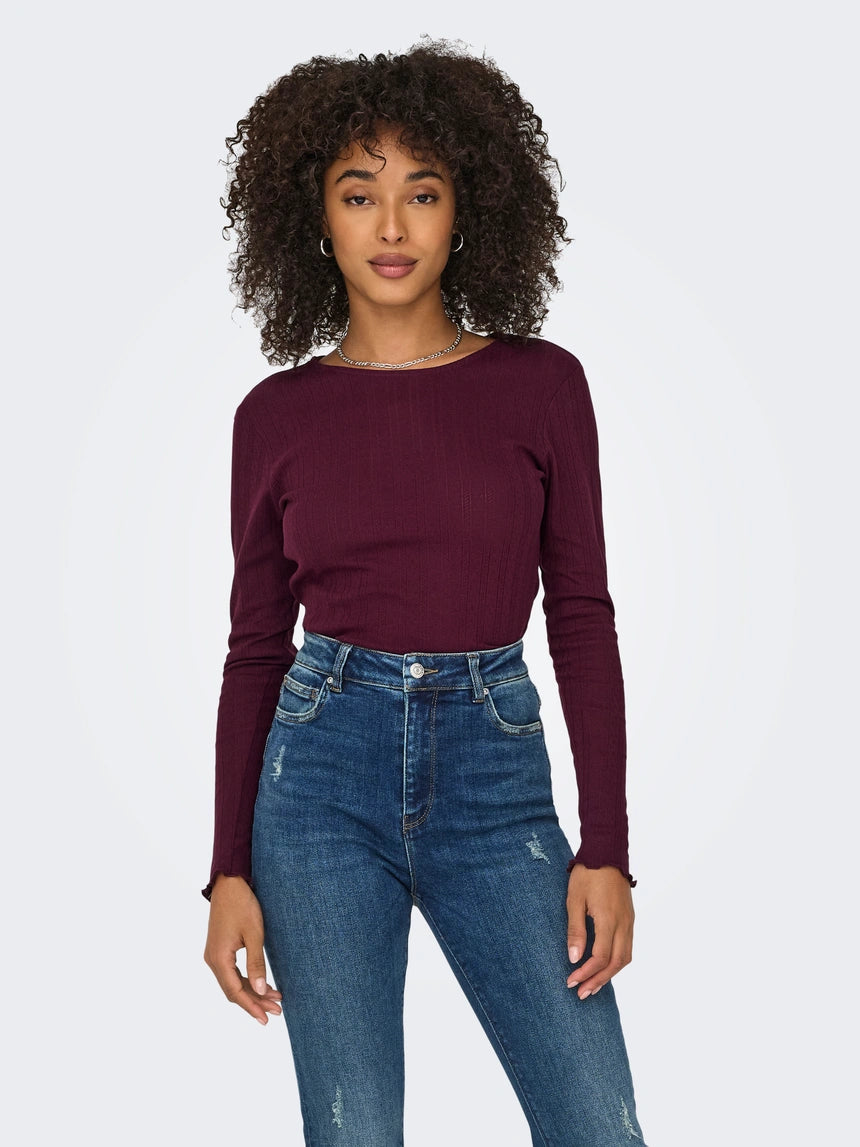 ONLY - Bluze pambuku ngjyre vishnje me menge te gjata