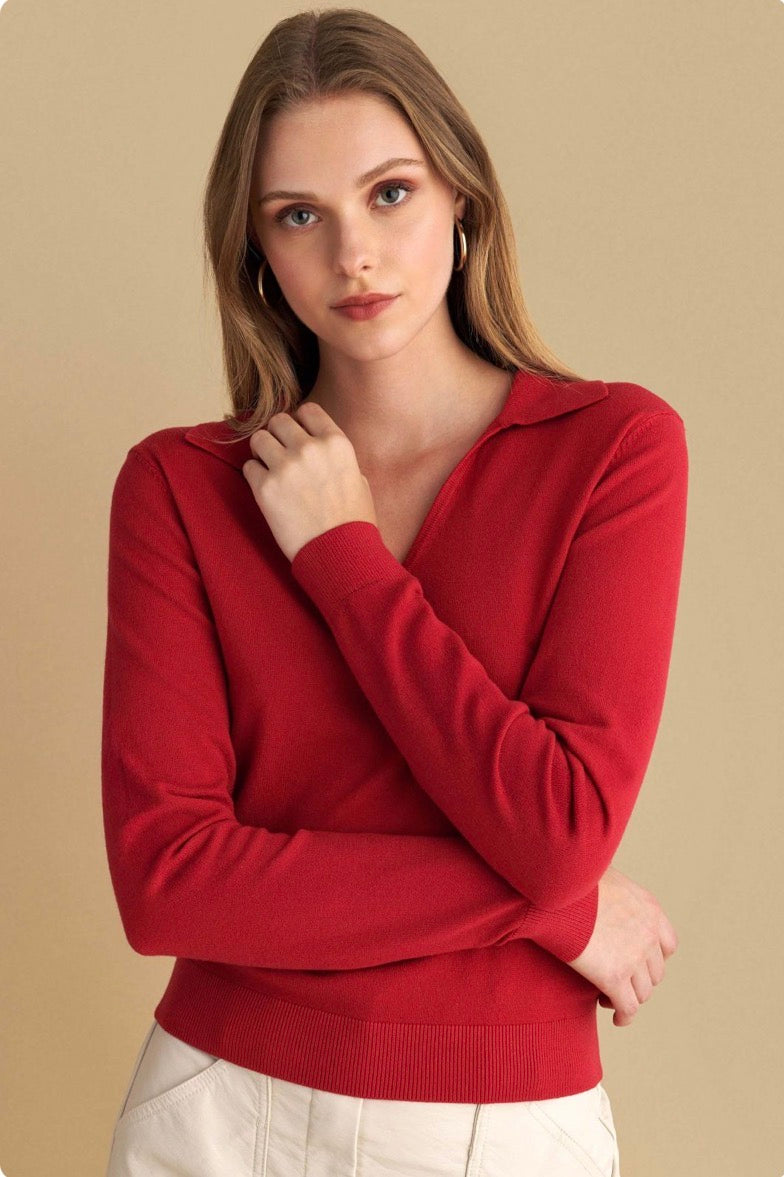 attrattivo - Bluze vishnje ,bezhe ,blu, e zeze  dhe e kuqe me jake V