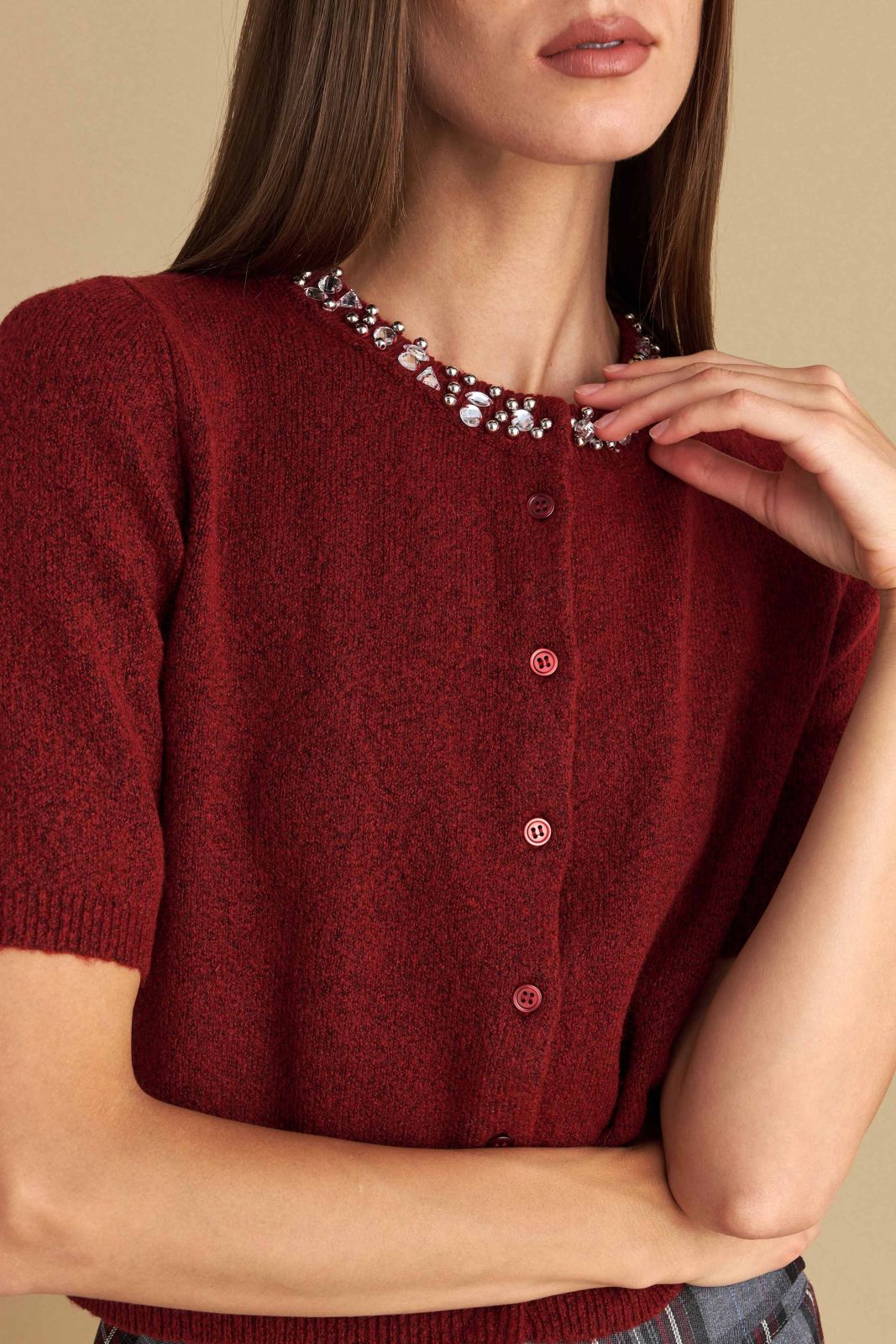 attrattivo - Cardigan i shkurter i kuq dhe roze me elemente dekorative