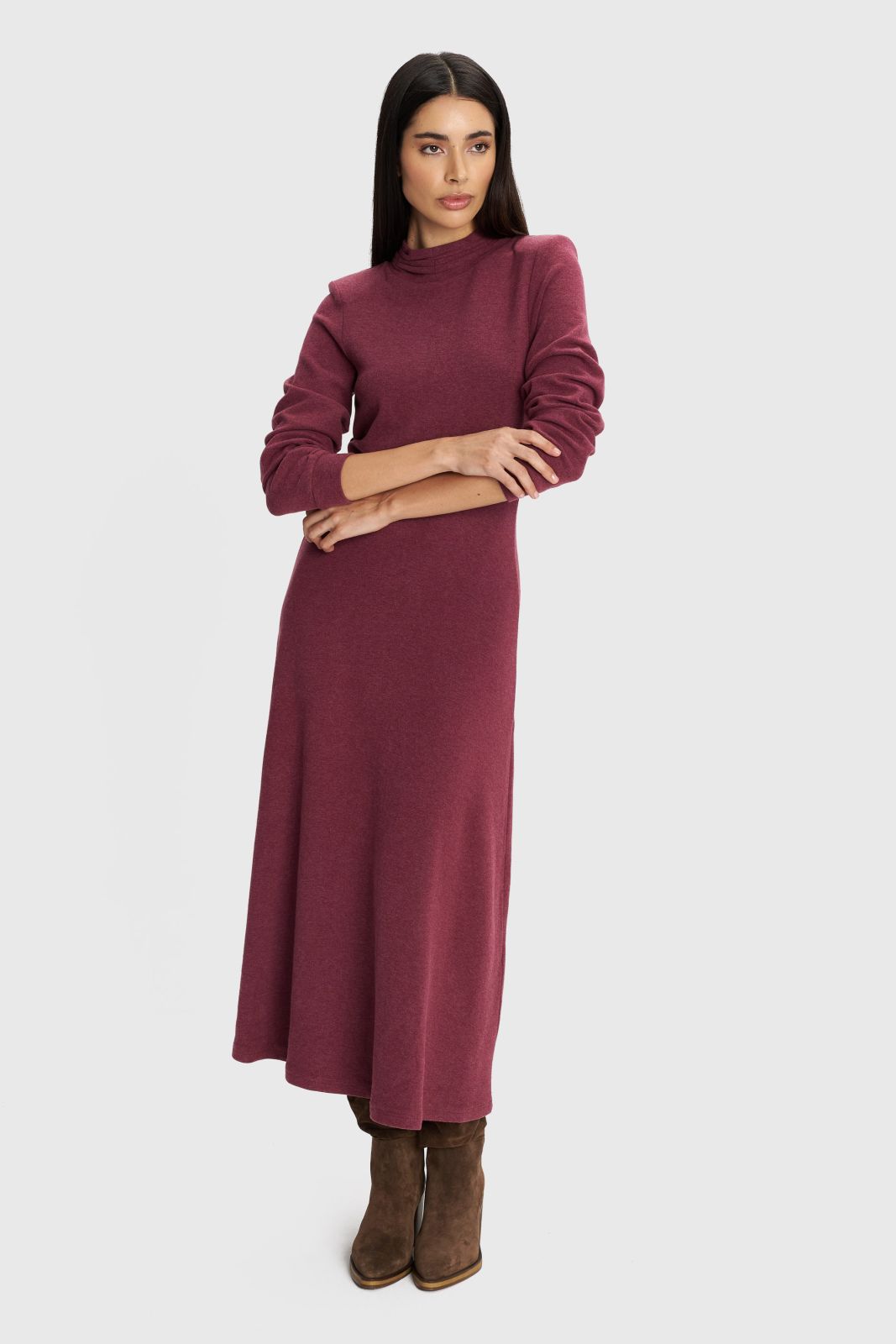 ALE - Fustan vishnje dhe gri trecereksh me menge te gjata