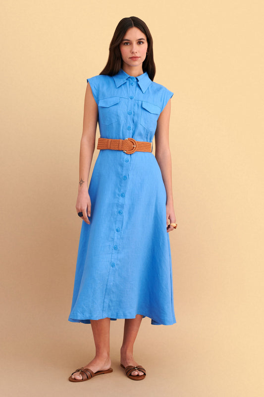 attrattivo - Fustan lino blu dhe jeshil me rrip