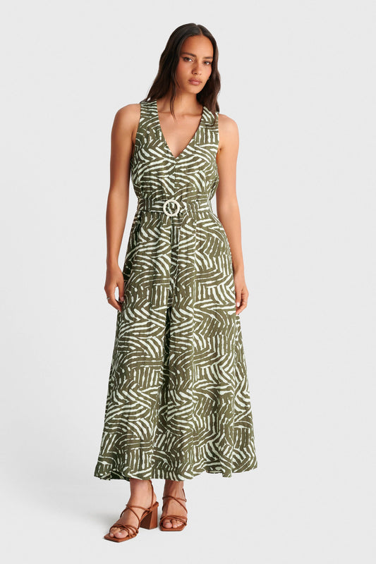 ALE - Fustan kremi jeshil me motive dhe rrip