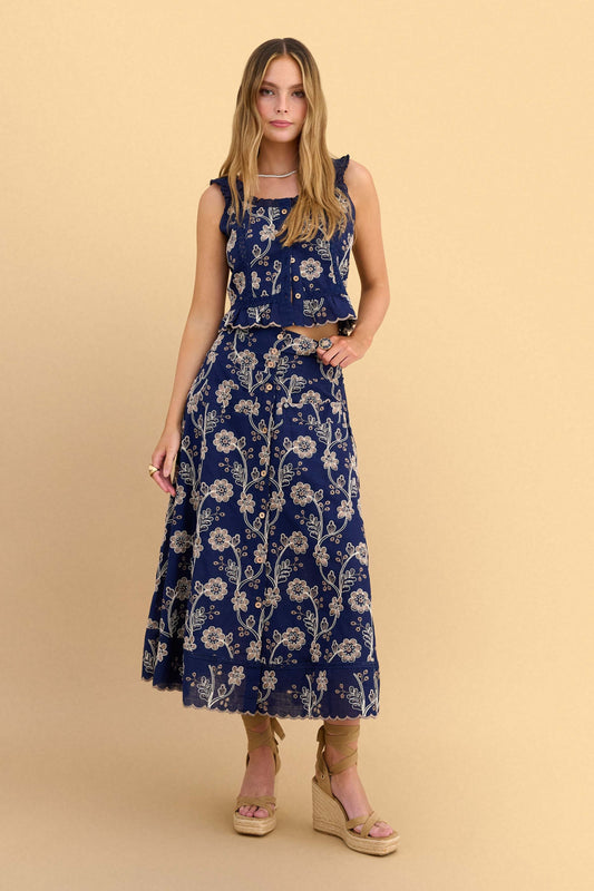 attrattivo - Set bluze dhe fund blu me motive florale dhe dantelle