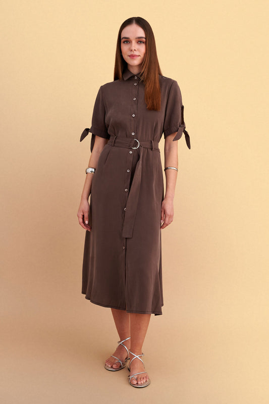 attrattivo - Fustan kaf dhe i zi me rrip dhe detaje lidhese