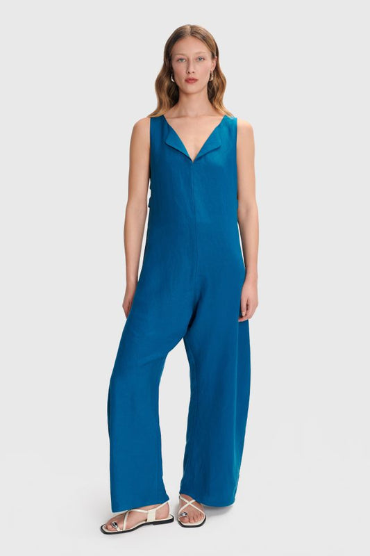 ALE - Jumpsuit lino blu dhe pana me detaje te hapura ansore