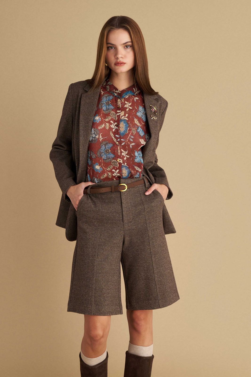 attrattivo - Pantallona kafe te shkurta me bel te larte dhe rrip