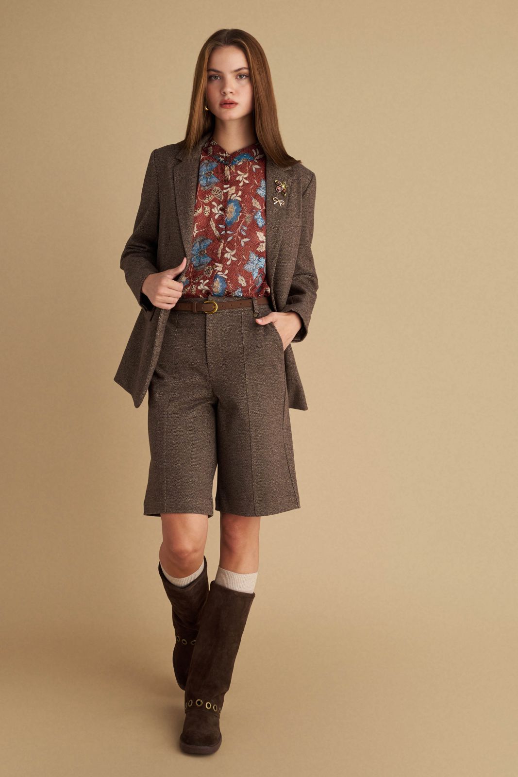 attrattivo - Pantallona kafe te shkurta me bel te larte dhe rrip