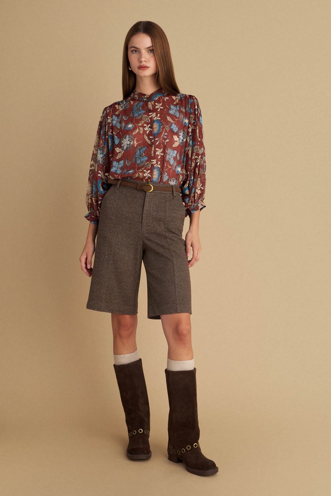 attrattivo - Pantallona kafe te shkurta me bel te larte dhe rrip