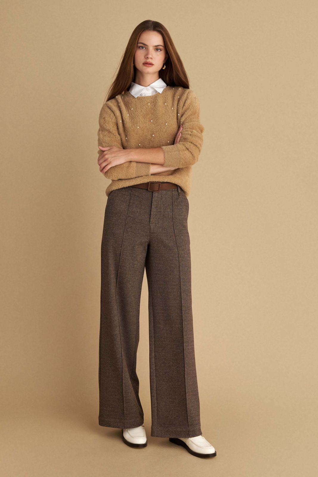 attrattivo - Pantallona kafe stofi me bel te larte dhe rrip