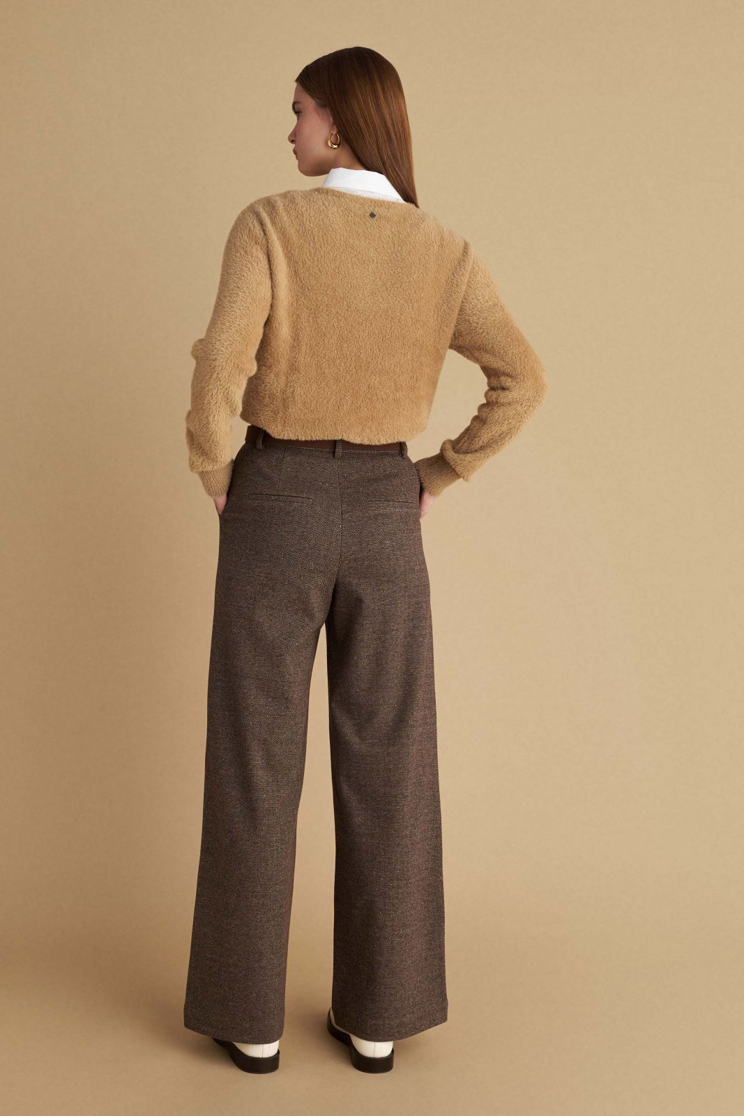 attrattivo - Pantallona kafe stofi me bel te larte dhe rrip