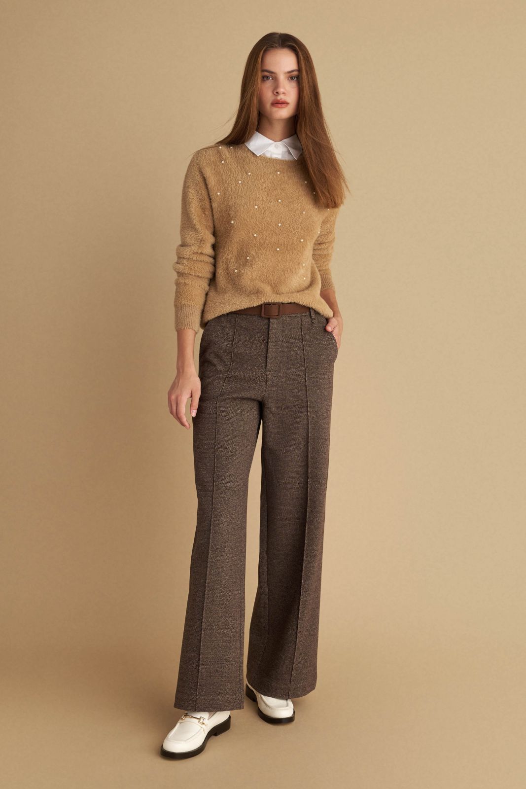 attrattivo - Pantallona kafe stofi me bel te larte dhe rrip