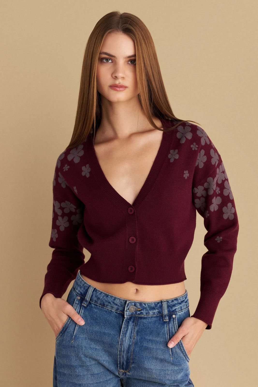 attrattivo - Cardigan i shkurter vishnje me printe florale