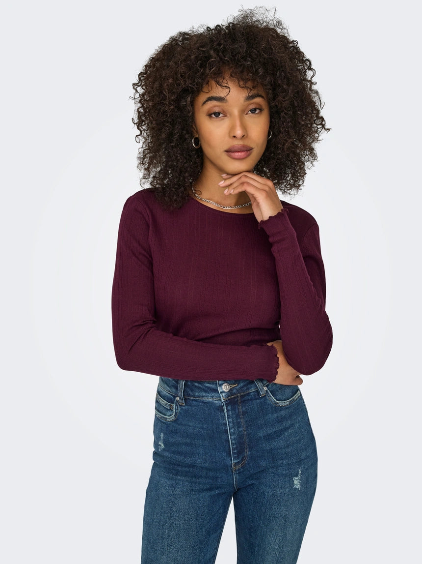 ONLY - Bluze pambuku ngjyre vishnje me menge te gjata