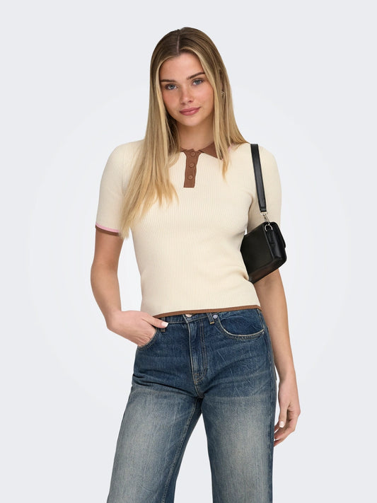 ONLY - Bluze deve me menge te shkurta bezhe dhe vishnje