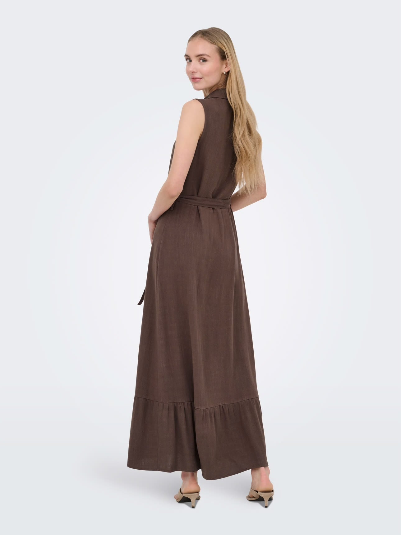 ONLY - Fustan kaf lino i gjate me lidhje ne bel