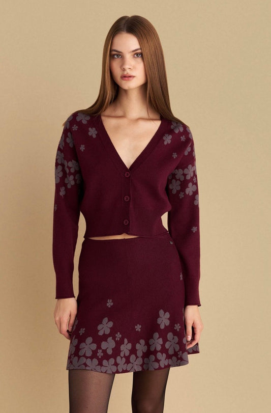 attrattivo - Set deve cardigan dhe fund ne ngjyren vishnje me motive florale