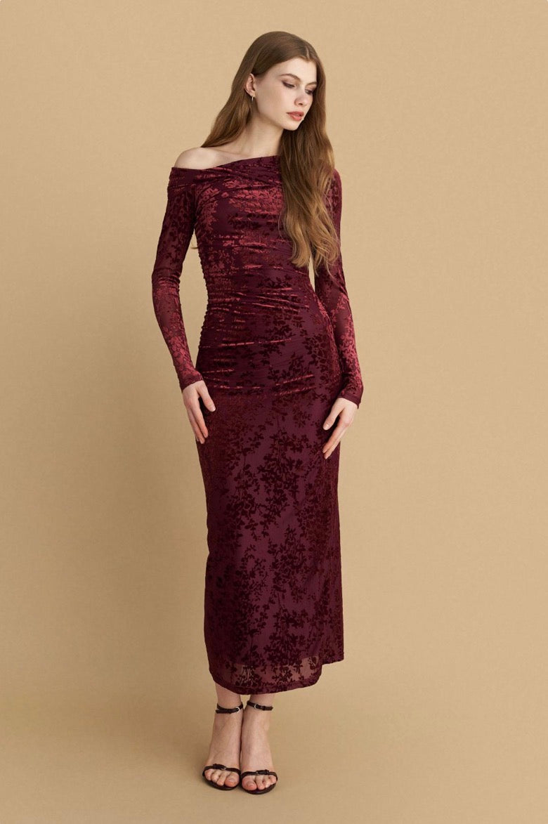 attrattivo - Fustan i kuq veludh me motive florale