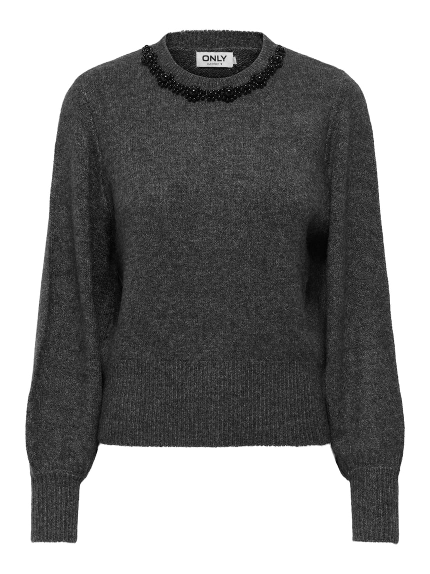 ONLY - Pulover gri dhe e bardhe me detaje gurash ne qafe