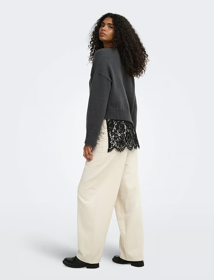 ONLY - Pulover gri me detaje dantelle