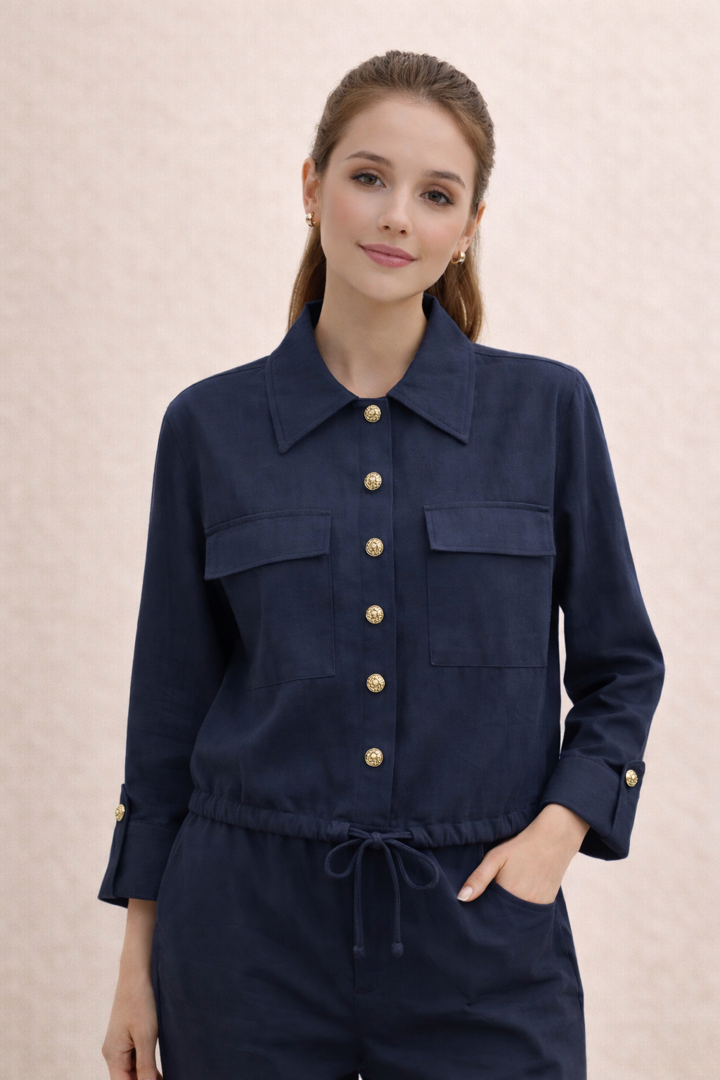 ONLY - Kemishe lino pana dhe blu me kopsa dhe xhepa