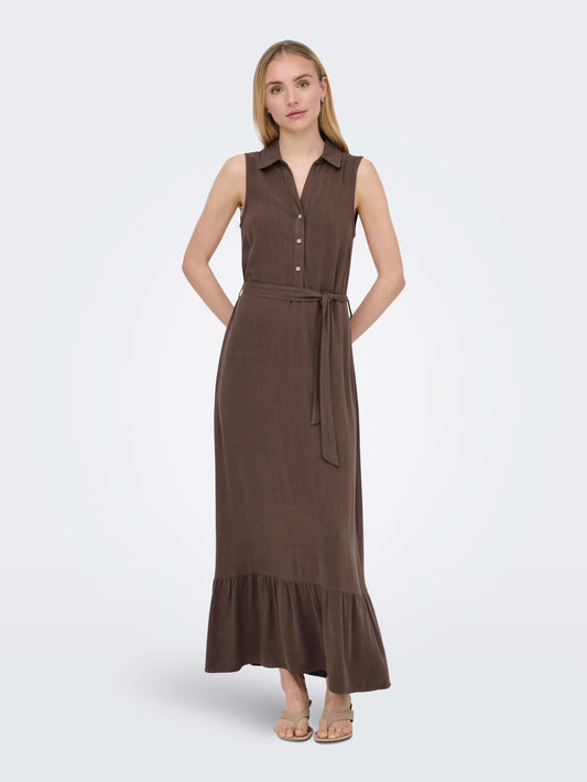 ONLY - Fustan kaf lino i gjate me lidhje ne bel