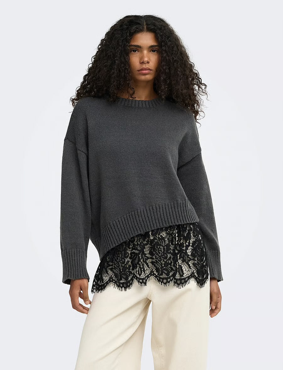 ONLY - Pulover gri me detaje dantelle